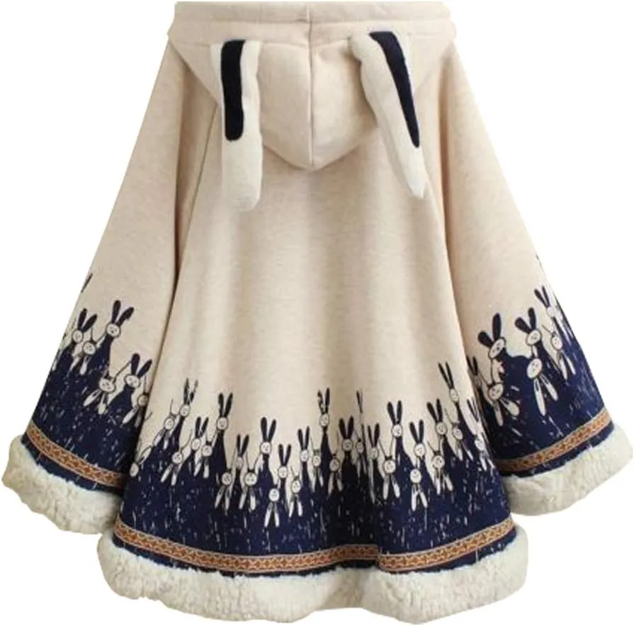 YM YOUMU Lady Girls Cloak Cape Coat Winter Fleece Ear Hooded Baggy Poncho Japanese Kawaii