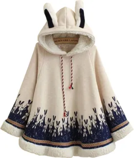 YM YOUMU Lady Girls Cloak Cape Coat Winter Fleece Ear Hooded Baggy Poncho Japanese Kawaii