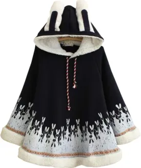 YM YOUMU Lady Girls Cloak Cape Coat Winter Fleece Ear Hooded Baggy Poncho Japanese Kawaii