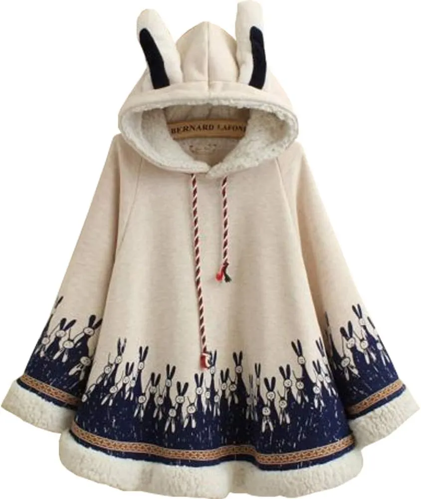 YM YOUMU Lady Girls Cloak Cape Coat Winter Fleece Ear Hooded Baggy Poncho Japanese Kawaii